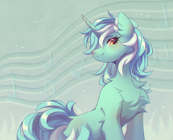 Size: 4940x4000 | Tagged: safe, artist:dedfriend, lyra heartstrings, pony, unicorn, g4, absurd file size, absurd resolution, chest fluff, ear fluff, female, mare, music notes, redraw, signature, smiling, solo
