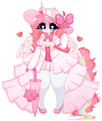 Size: 3084x3675 | Tagged: safe, artist:arwencuack, oc, oc:nekonin, alicorn, anthro, arm hooves, bow, clothes, commission, dress, dressup, femboy, fluffy, garter belt, garters, hair bow, hat, heart, heart eyes, high heels, high res, leotard, male, shoes, simple background, socks, solo, sun hat, thigh highs, umbrella, white background, wingding eyes