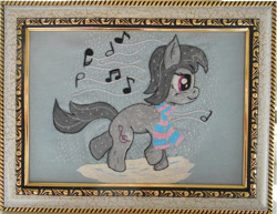 Size: 1024x789 | Tagged: safe, artist:lightdragon1988, octavia melody, earth pony, pony, g4, clothes, cross stitch, female, irl, music notes, photo, scarf, snow, snowfall, solo, striped scarf, traditional art, winter