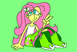 Size: 1316x900 | Tagged: safe, artist:msponies, fluttershy, human, equestria girls, g4, boots, clothes, female, green background, hairclip, humanized, ms paint, peace sign, requested art, shirt, shoes, simple background, sitting, skirt, smiling, socks, solo, t-shirt