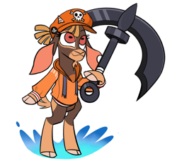 Size: 2900x2630 | Tagged: safe, artist:nonameorous, shanty (tfh), goat, them's fightin' herds, anchor, bipedal, cap, clothes, cloven hooves, coat markings, community related, crossover, dreadlocks, guilty gear, hat, high res, hoof hold, horn, looking up, simple background, smiling, solo, torn ear, water, white background