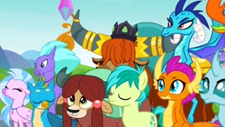 Size: 1920x1080 | Tagged: safe, screencap, gallus, ocellus, prince rutherford, princess ember, sandbar, seaspray, silverstream, smolder, thorax, yona, changedling, changeling, classical hippogriff, dragon, earth pony, griffon, hippogriff, pony, g4, school daze, 1080p, cute, diastreamies, dragoness, eyes closed, female, friendship student, happy, king thorax, male, offscreen character, smiling, stallion, student six, teenager