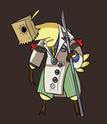 Size: 2600x3000 | Tagged: source needed, safe, artist:nonameorous, paprika (tfh), alpaca, them's fightin' herds, bag, bipedal, brown background, clothes, cloven hooves, community related, crossover, guilty gear, high res, hoof hold, necktie, paper bag, simple background, solo, standing
