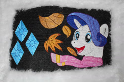 Size: 1538x1019 | Tagged: safe, artist:lightdragon1988, rarity, pony, unicorn, g4, bookmark, clothes, female, irl, leaves, photo, scarf, solo, traditional art