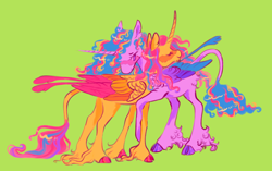 Size: 1280x805 | Tagged: safe, artist:webkinzworldz, princess gold lily, princess sterling, alicorn, pony, g4, blushing, cloven hooves, colored hooves, colored wings, colored wingtips, crack shipping, duo, female, folded wings, goldsterling, green background, hoof polish, hug, large wings, leg hug, leonine tail, lesbian, multicolored wings, neck hug, realistic wings, shipping, simple background, standing, tail, unshorn fetlocks, wings