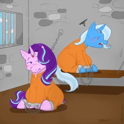 Size: 1080x1080 | Tagged: safe, artist:lollamas, starlight glimmer, trixie, pony, unicorn, g4, blushing, chains, clothes, cuffed, duo, female, frustrated, jail, jumpsuit, magic suppression, mare, prison, prison outfit, prisoner, prisoner sg, prisoner tx, sad, shackles, sitting
