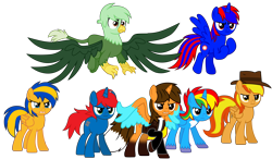 Size: 8817x5140 | Tagged: safe, artist:ejlightning007arts, oc, oc only, oc:ej, oc:firey ratchet, oc:flare spark, oc:gregory griffin, oc:shield wing, oc:stephen (stephen-fisher), oc:train track, alicorn, griffon, pegasus, pony, unicorn, g4, alicorn oc, angry, badass, base used, clothes, coat markings, fedora, female, flying, griffon oc, hat, horn, jacket, male, mare, multicolored hair, ready to fight, serious, simple background, socks (coat markings), stallion, the fire lightning squad, transparent background, unshorn fetlocks, vector, wings