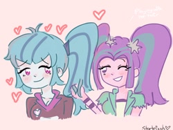 Size: 1024x768 | Tagged: safe, artist:startrixxh, aria blaze, sonata dusk, human, equestria girls, g4, duo, female, heart, lesbian, pink background, ship:arisona, shipping, simple background