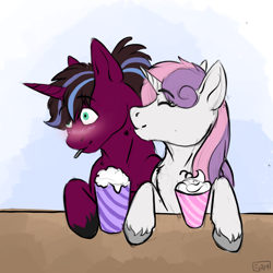 Size: 1500x1500 | Tagged: source needed, useless source url, safe, artist:galaxylatte, sweetie belle, oc, oc:blueberry shot, pony, unicorn, g4, adult, blushing, canon x oc, cheek kiss, couple, date, duo, duo female, female, kissing, lesbian, love, shake, shipping, smoothie