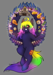 Size: 2480x3508 | Tagged: safe, artist:sinrinf, oc, oc:avra, bird, chicken, pegasus, pony, chest fluff, dollars, ear fluff, food, glowing, high res, meme, smiling, solo, spread wings, st. isaac 's cathedral, sushi