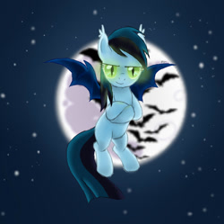 Size: 900x895 | Tagged: artist needed, safe, oc, oc only, unnamed oc, bat, bat pony, pony, bat pony oc, black mane, blue mane, flying, glowing, glowing eyes, green eyes, looking at you, moon, slit pupils, spread wings, starry sky, stars, wings
