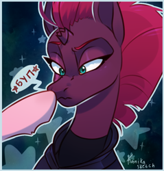 Size: 900x942 | Tagged: safe, artist:kanika-png, pinkie pie, tempest shadow, pony, unicorn, g4, my little pony: the movie, boop, broken horn, cyrillic, eye scar, facial scar, female, horn, mare, offscreen character, russian, scar, signature, speech bubble