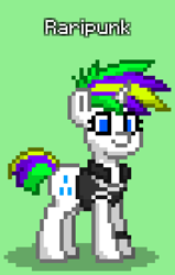 Size: 528x828 | Tagged: safe, rarity, pony, pony town, g4, alternate hairstyle, clothes, green background, jacket, leather, leather jacket, mohawk, punk, raripunk, short tail, simple background, solo, tail