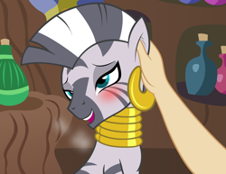 Size: 2562x1978 | Tagged: safe, artist:badumsquish, derpibooru exclusive, zecora, human, zebra, g4, blushing, breath, content, cute, ear piercing, ear scratch, earring, female, hand, happy, head tilt, human on zebra petting, jewelry, lidded eyes, mare, neck rings, offscreen character, open mouth, open smile, panting, piercing, pov, satisfied, show accurate, sitting, smiling, solo, zecora's hut, zecorable