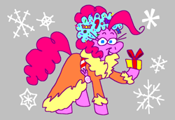 Size: 1316x900 | Tagged: safe, artist:msponies, pinkie pie, spirit of hearth's warming presents, earth pony, pony, a hearth's warming tail, g4, candy, candy cane, clothes, coat, female, food, looking at you, mare, ms paint, open mouth, open smile, present, raised hoof, smiling, snow, snowflake, solo, tail