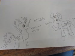 Size: 4608x3456 | Tagged: safe, artist:acid flask, oc, oc only, oc:acid flask, oc:hannah, alicorn, pony, alicorn oc, art dump, drawing, female, happy, horn, looking at each other, looking at someone, male, mare, paper, sketch, sketch dump, smiling, smiling at each other, stallion, talking, text, traditional art, wings