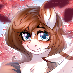 Size: 1500x1500 | Tagged: safe, artist:fenwaru, oc, oc:mabel, pony, blushing, bust, cherry blossoms, cute, flower, flower blossom, hooves, portrait, smiling, wings