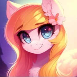 Size: 2048x2048 | Tagged: safe, ai assisted, ai content, generator:purplesmart.ai, generator:stable diffusion, prompter:be_yourself, oc, oc only, oc:sunny days, earth pony, pony, chest fluff, cute, ear fluff, eyebrows, female, flower, flower in hair, high res, looking at you, ocbetes, smiling, smiling at you, solo, tree