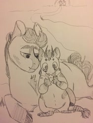 Size: 2448x3264 | Tagged: safe, artist:onyxdr, oc, oc:golden monarch, oc:imp, earth pony, insect, monster pony, pony, eating, female, high res, horns, male, mare, mother and child, mother and son, younger