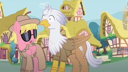 Size: 1280x721 | Tagged: safe, artist:mlp-silver-quill, oc, oc:silver quill, oc:sweetie bloom, pony, after the fact, after the fact:slice of life, clothes, fedora, hat, ponyville, sunglasses, trenchcoat