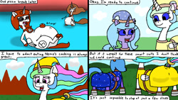 Size: 1280x720 | Tagged: safe, artist:eternaljonathan, princess celestia, princess luna, alicorn, pony, comic:first three back, g4, belly, butt, clothes, comic, costume, digital art, fat, female, plot, royal sisters, siblings, sisters, stuffed, stuffed belly, video game