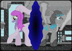 Size: 2716x1939 | Tagged: safe, artist:speedy526745, oc, oc only, oc:gabby, oc:orchid, kaiju, kaiju pony, monster pony, pony, blue eyes, city, cityscape, cracking, destruction, duo, dyed mane, fanfic, fanfic art, fanfic cover, giant pony, green eyes, hoofprints, looking down, macro, macro/micro, micro, nervous, pink mane, portal, rain, scared, sharp teeth, side view, smoke, teeth, worried