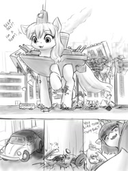 Size: 772x1034 | Tagged: safe, artist:alloyrabbit, oc, oc only, oc:battleship, oc:destroyer, boatpony, pony, battleship ponies, beep beep, boat, bus, car, cheek fluff, comic, crush fetish, crushed, crushing, cute, destroyed, destruction, duo, ear fluff, facehoof, fetish, giant pony, grayscale, looking down, macro, macro/micro, micro, monochrome, perspective, pun, volkswagen beetle