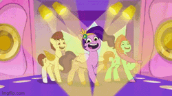 Size: 360x202 | Tagged: safe, screencap, jazz hooves, pipp petals, rocky riff, earth pony, pegasus, pony, g5, mane melody, my little pony: tell your tale, spoiler:g5, spoiler:my little pony: tell your tale, spoiler:tyts01e05, animated, believe it, dancing, eyes closed, female, gif, happy, hoof polish, jewelry, leaping, let out your light, looking at you, male, mare, necklace, raised hoof, smiling, stage, stagelights, stallion, tiara, trio