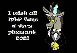 Size: 1316x900 | Tagged: safe, artist:msponies, discord, draconequus, g4, 2021, black background, bowtie, button-up shirt, clothes, dress shirt, hands together, horns, i wish all lesbians a very pleasant evening, lidded eyes, looking at you, male, meme, ms paint, ribbon bow tie, shirt, simple background, smiling, solo, suit, tuxedo