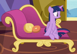 Size: 285x200 | Tagged: safe, screencap, twilight sparkle, alicorn, pony, dragon dropped, g4, season 9, animated, behaving like rarity, couch, cropped, eyeroll, fainting couch, female, gif, gif for breezies, picture for breezies, solo, twilight sparkle (alicorn), twilight's castle