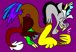 Size: 1316x900 | Tagged: safe, artist:msponies, discord, draconequus, g4, claws, eyes closed, horns, laughing, male, ms paint, open mouth, open smile, purple background, requested art, simple background, smiling, solo, spread wings, tail, wings