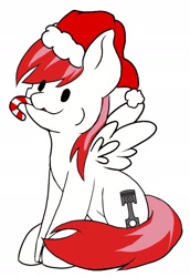 Size: 1408x2048 | Tagged: safe, artist:noxi1_48, oc, oc only, oc:swift apex, bat pony, pony, :3, candy, candy cane, christmas, commission, dot eyes, food, happy, hat, holiday, santa hat, simple background, solo, sugar cane, white background, ych result