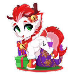 Size: 2600x2650 | Tagged: safe, artist:xsatanielx, oc, oc only, oc:swift apex, pegasus, pony, antlers, bell, christmas, colored eyebrows, happy, high res, holiday, present, simple background, solo, standing, transparent background