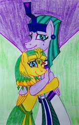 Size: 2222x3502 | Tagged: safe, artist:bsw421, hedju-hor, oc, oc:ankhesenamun, pegasus, pony, brother and sister, clothes, couples, ear piercing, earring, egyptian, egyptian headdress, egyptian pony, eyeliner, eyeshadow, female, high res, hug, huggies, jewelry, loincloth, makeup, male, mare, necklace, piercing, siblings, skirt, stallion