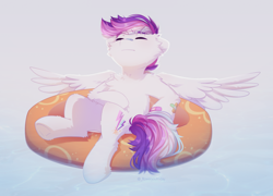 Size: 1745x1253 | Tagged: safe, artist:floweryoutoday, oc, oc:pony hawk, pegasus, pony, bandaid, bandaid on nose, floating, inner tube, lying down, on back, pool toy, relaxing, solo, spread wings, swimming, wings
