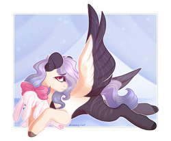 Size: 4000x3288 | Tagged: safe, artist:dreamyrat, oc, oc only, pegasus, pony, bedroom, female, looking at you, lying down, mare, pegasus oc, pink eyes, sad, solo, wings