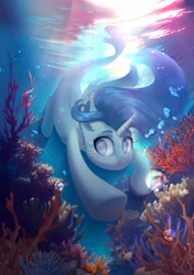 Size: 2039x2894 | Tagged: safe, artist:glumarkoj, oc, oc only, merpony, pony, unicorn, beautiful, blue eyes, blue mane, blue tail, bubble, commission, coral, crepuscular rays, digital art, diving, flowing mane, flowing tail, high res, holding breath, horn, male, ocean, pony oc, seaweed, solo, stallion, sunlight, swimming, tail, underwater, water, ych result