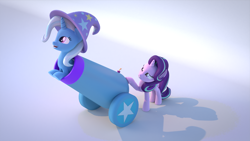Size: 1920x1080 | Tagged: safe, artist:spreadwing454, starlight glimmer, trixie, pony, unicorn, g4, 3d, blender, cannon, duo, duo female, female, mare, pony cannonball