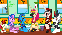 Size: 7300x4132 | Tagged: safe, artist:bsw421, oc, oc:amity, oc:nephthys, alicorn, bat pony, pony, robot, unicorn, bubble tea, egyptian, egyptian headdress, egyptian pony, eyelashes, eyeliner, eyeshadow, female, glasses, headdress, jewelry, makeup, male, mare, necklace, stallion