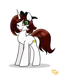 Size: 1074x1368 | Tagged: safe, artist:petaltwinkle, oc, oc only, oc:dicey, pony, unicorn, art trade, female, hat, looking at you, mare, one eye closed, signature, simple background, solo, tongue out, white background, wink, winking at you