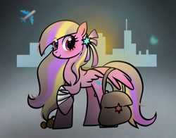 Size: 1368x1074 | Tagged: safe, artist:petaltwinkle, oc, oc only, oc:petal twinkle, pegasus, pony, airport, bag, bandage, female, looking at you, mare, plane, smiling, smiling at you, solo