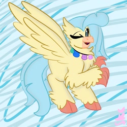 Size: 1000x1000 | Tagged: safe, artist:sugarkittycat04, princess skystar, hippogriff, g4, my little pony: the movie, cloven hooves, female, jewelry, looking at you, mare, necklace, one eye closed, open mouth, raised leg, solo, spread wings, talons, wings, wink, winking at you