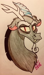 Size: 1918x3264 | Tagged: safe, artist:sugarkittycat04, discord, draconequus, g4, bust, facial hair, fangs, goatee, horns, looking at you, male, solo, traditional art