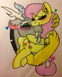 Size: 2266x2811 | Tagged: safe, artist:sugarkittycat04, discord, fluttershy, draconequus, pegasus, pony, g4, blushing, duo, eyes closed, female, heart, high res, holding a pony, horns, hug, interspecies, male, ship:discoshy, shipping, straight, traditional art