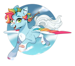 Size: 2500x2200 | Tagged: safe, artist:kraytt-05, oc, oc only, oc:lucky charm, pegasus, pony, bandaid, colored wings, ear piercing, female, flying, freckles, high res, mare, multicolored hair, multicolored wings, open mouth, open smile, piercing, rainbow hair, rainbow wings, simple background, smiling, solo, spread wings, transparent background, wings