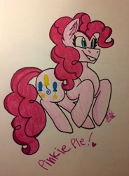 Size: 2408x3264 | Tagged: safe, artist:sugarkittycat04, pinkie pie, earth pony, pony, g4, cute, diapinkes, female, heart, high res, jumping, mare, smiling, solo, traditional art