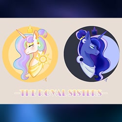 Size: 1125x1125 | Tagged: safe, artist:fourteennails, princess celestia, princess luna, alicorn, pony, g4, alternate hairstyle, bust, crown, duo, duo female, ear piercing, earring, female, floating crown, jewelry, mare, piercing, regalia, royal sisters, siblings, sisters, text