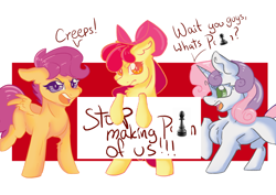 Size: 2480x1754 | Tagged: safe, artist:dankpegasista, derpibooru exclusive, apple bloom, scootaloo, sweetie belle, earth pony, pegasus, pony, unicorn, angry, apple bloom is not amused, asking, bow, chest fluff, colored, confused, curls, cutie mark crusaders, ear fluff, female, filly, foal, full body, green eyes, hair bow, highlights, holding sign, horn, joke, kids, krita, lineart, looking at you, mouthpiece, orange eyes, orange fur, out of frame, passepartout, pawn, pink hair, png, purple eyes, raised hoof, red background, scootaloo is not amused, side view, simple background, simple shading, small horn, small wings, spread wings, standing, standing on two hooves, text, three quarter view, trio, trio female, unamused, upset, white background, white fur, wings, yellow fur