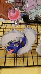 Size: 1152x2048 | Tagged: safe, artist:inkkeystudios, oc, oc only, pony, :3, ahegao, badge, bust, female, heart, heart eyes, open mouth, open smile, photo, portrait, smiling, solo, tongue out, traditional art, wingding eyes