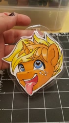 Size: 1152x2048 | Tagged: safe, artist:inkkeystudios, oc, oc only, pony, unicorn, :3, ahegao, badge, bust, eyebrows, eyebrows visible through hair, female, heart, heart eyes, male, open mouth, open smile, photo, portrait, smiling, solo, tongue out, traditional art, wingding eyes